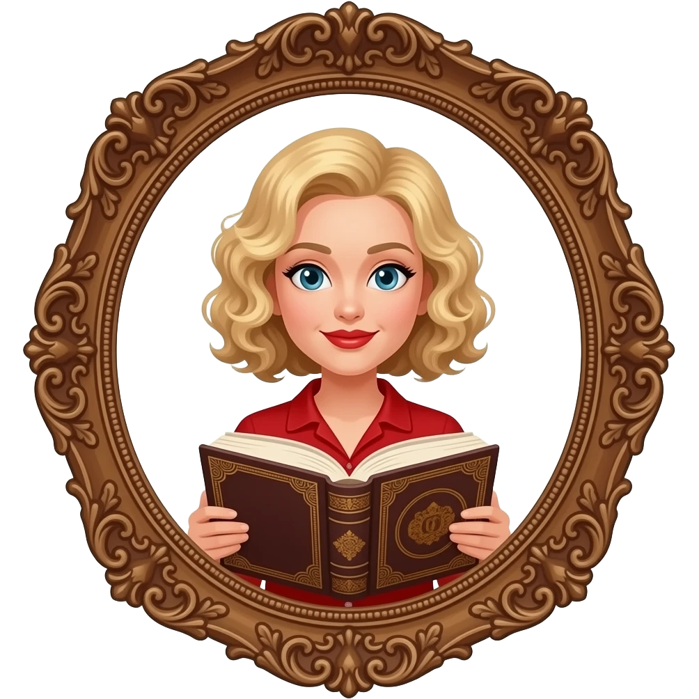 blonde curly bob reading an antique book in a red shirt and red lipstick antique frame emoji