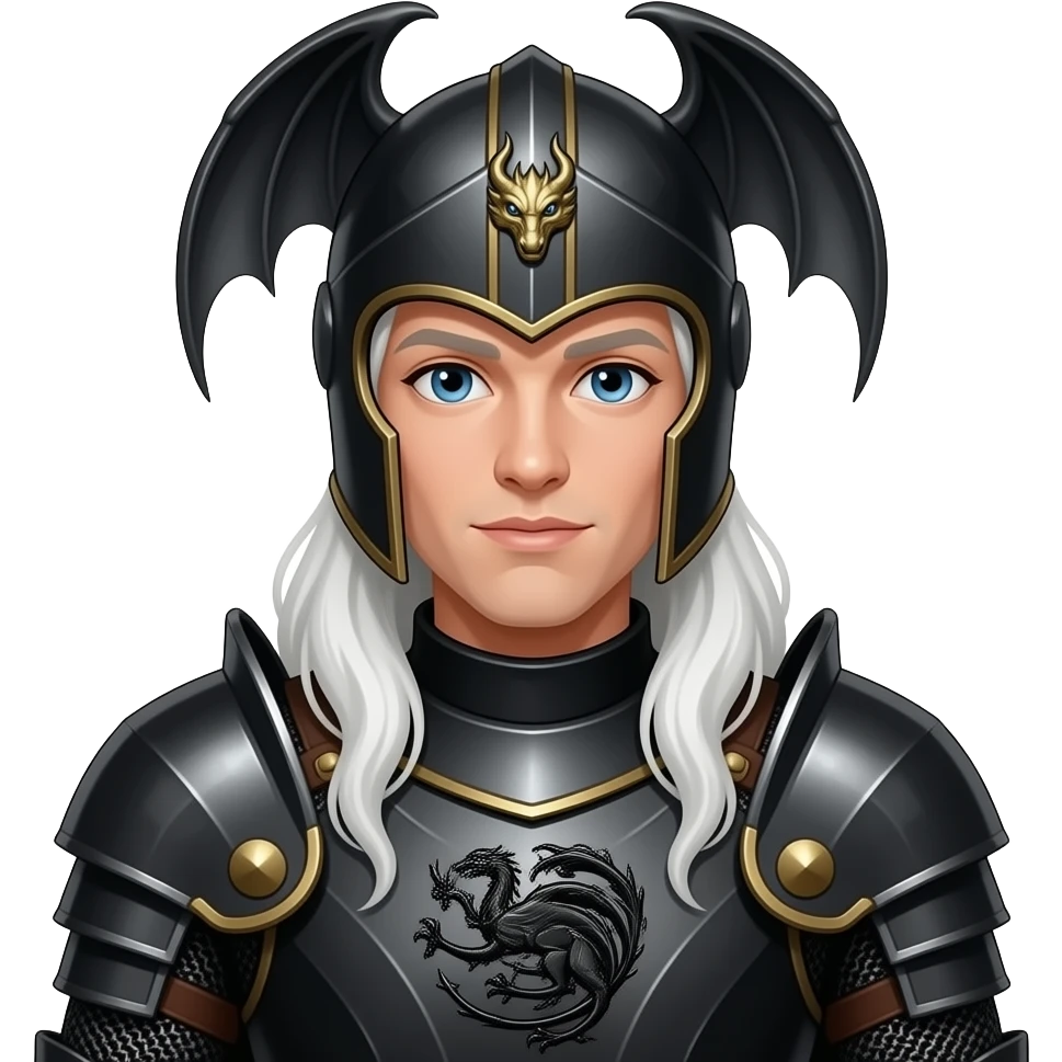 Згенеруй рицяаря з білим, довгим волоссям, в чорних обладунках, шолом прикрашений крилами дракона , на грудях герб таргаріенів однотонним чорним візерунком emoji