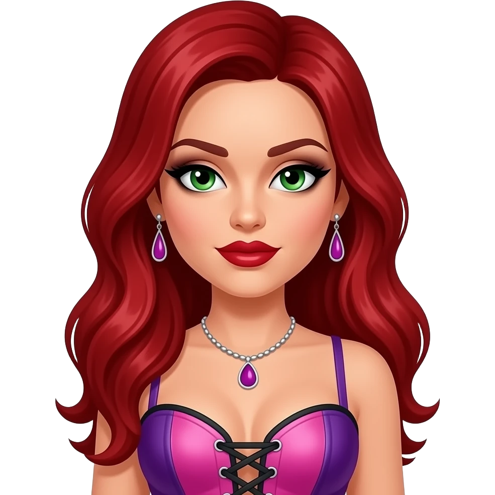 Carmit Bachar from The Pussycat Dolls with green eyes, long red hair, black eyeshadow, red lipstick, pink and purple off corset dress, necklace and earrings emoji