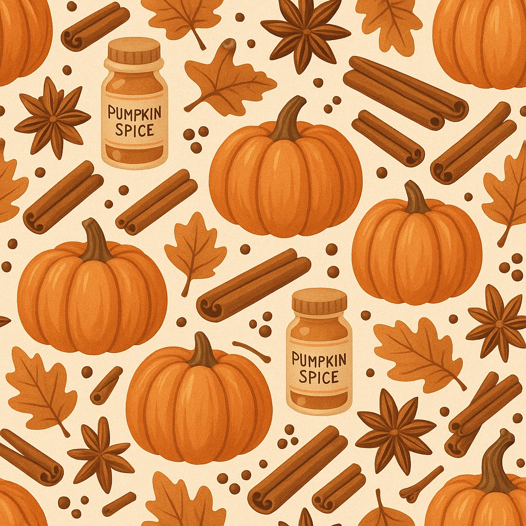 seamless pattern of pumpkins and pumpkin spice, warm orange and cinnamon tones, cozy autumn vibes, soft texture, vector style, high resolution emoji
