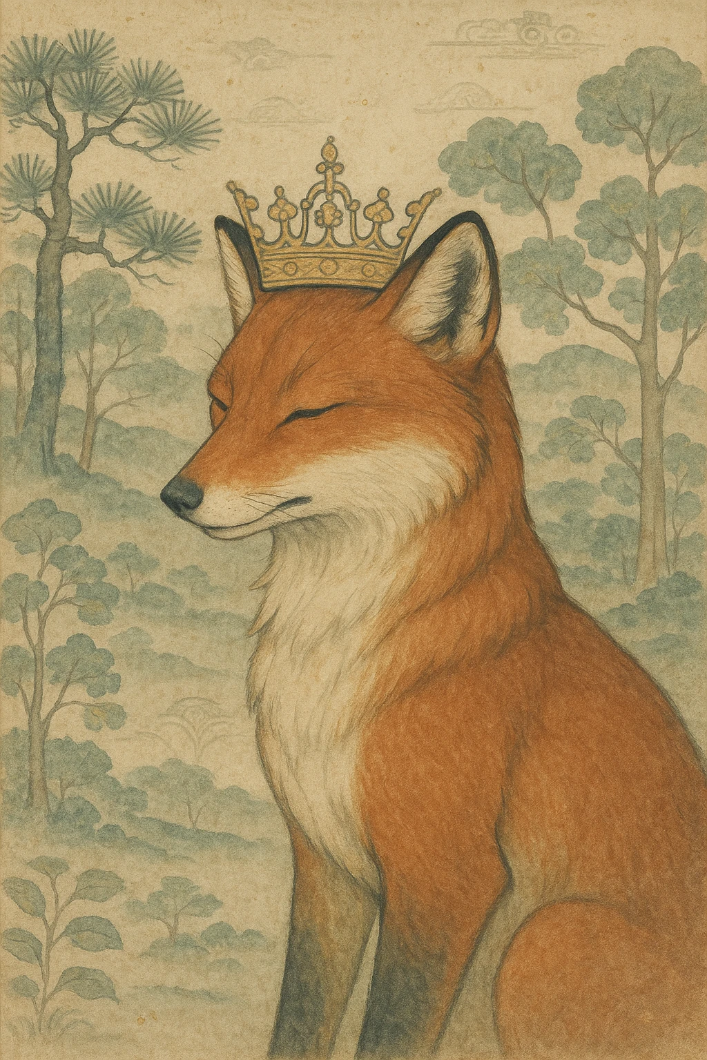 stylized red fox with crown, forest background, Japanese aesthetic, harmonious composition, subtle textures emoji