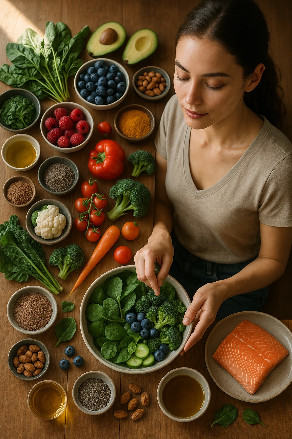 A realistic, cinematic flat-lay image of a clean wooden kitchen table filled with fresh, colorful whole foods known to help reduce androgen excess naturally. The table includes leafy greens like spinach and kale, avocados, berries, colorful vegetables, nuts, seeds (chia and flaxseeds), wild-caught salmon, and herbal teas, carefully arranged in an aesthetically pleasing, organized manner. A small glass bowl with olive oil and another with turmeric powder are included, emphasizing anti-inflammatory properties. In the scene, a young woman with clear, healthy skin and a calm expression is preparing a bowl with these ingredients, symbolizing a hormone-balancing diet. Warm, natural daylight streams in, creating a cozy and inviting atmosphere. The style is hyper-realistic 35mm photography, with vibrant yet soft colors, showcasing textures of the fresh produce and the peaceful vibe of using nutrition to support hormonal balance emoji