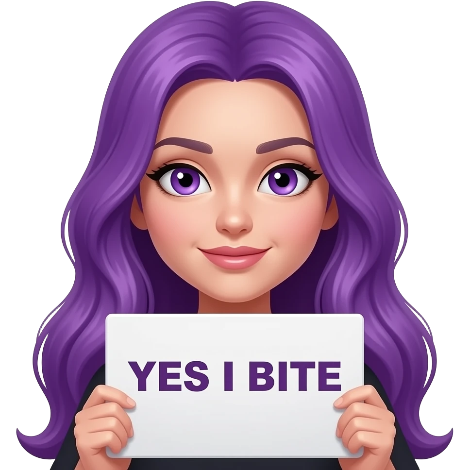 sexy girl with long purple hair and purple eyes holding a YES I BITE sign emoji