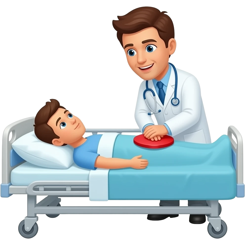 person laying in hospital bed. a doctor is trying to perform CPR. the person laying in the bed has a speech bubble that says "NO! STOP!" emoji