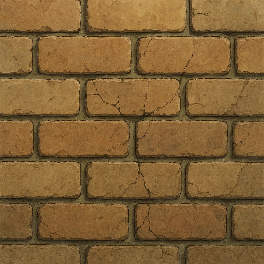 close-up of a brick wall in ghibli style, bricks with gentle highlights and shadows, natural lighting, visible mortar, rough texture, slight weathering, cracks emoji