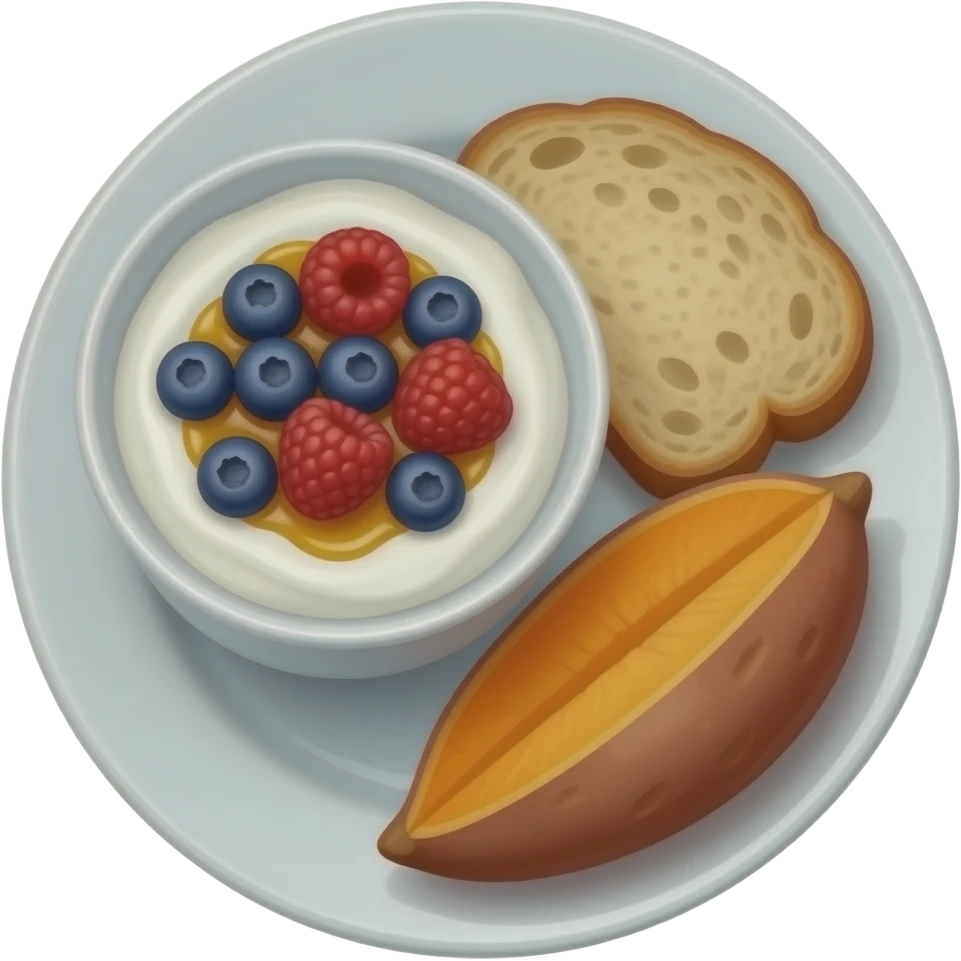 Realistic Plate with greek yogurt bowl topped with blueberries raspberries and maple syrup and sourdough slice topped with a lot of olive oil and a sweet potato on the side HD emoji