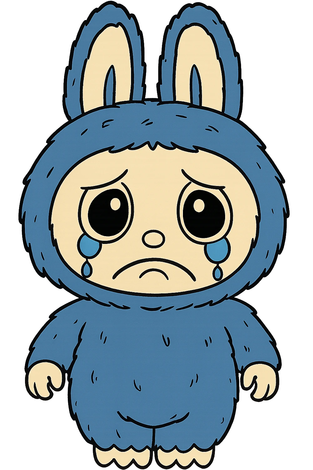 Change only the facial expression of the blue bunny character to a sad, teary-eyed look. Keep the character, pose, and all colors exactly the same as the original. Do not change any other details. Transparent background. emoji