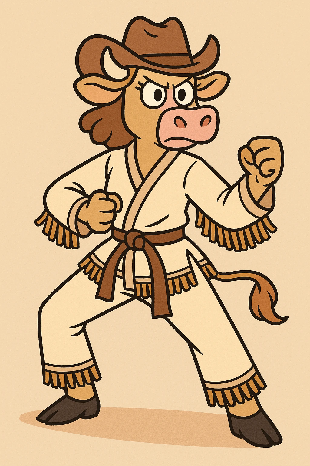 karate cowgirl, ready stance, lasso at her side, gi with fringe, determined look emoji