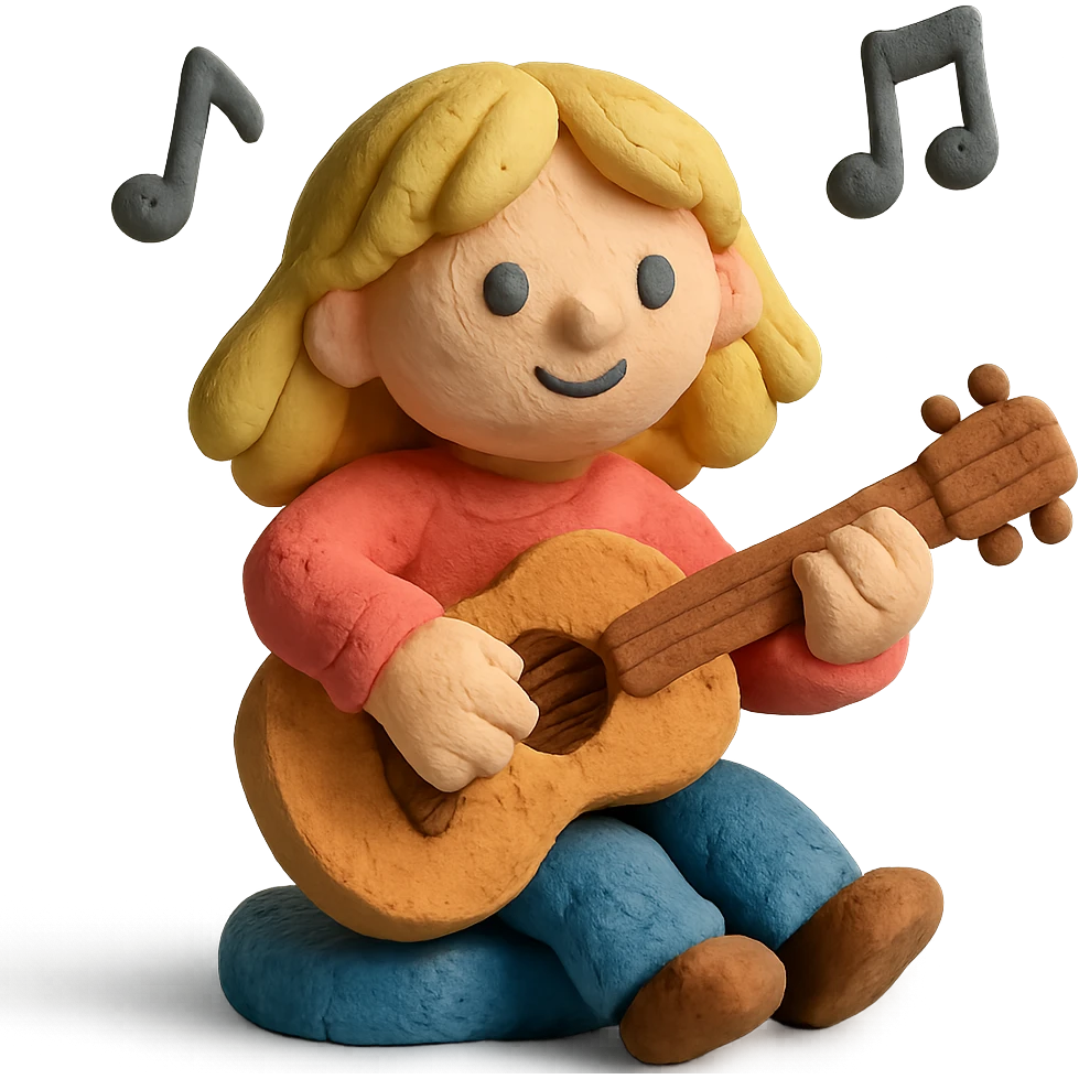 claymation style of a blonde girl playing guitar with music notes floating emoji