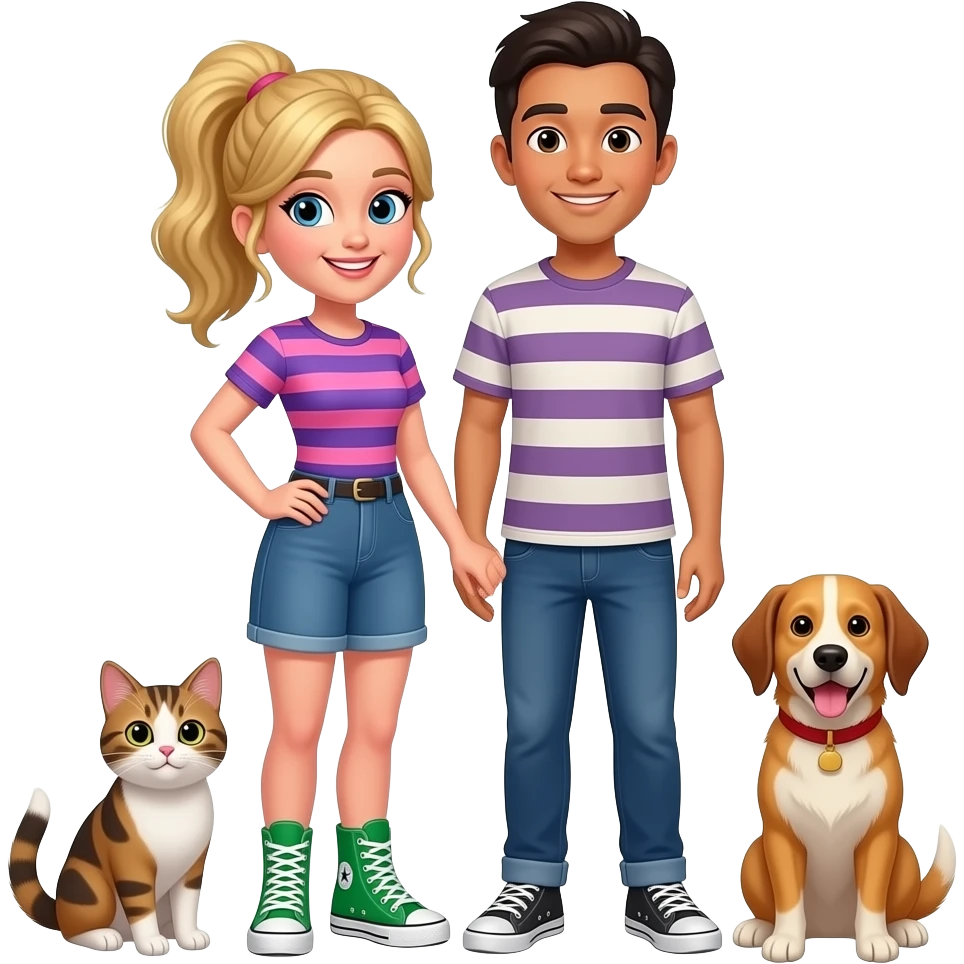 White girl with blonde brunette hair tied up wearing a pink and purple horizontally striped shirt and green converse hi tops with her Asian boyfriend with brown skin colour who is the same height as her, smiling with her cat and dog emoji