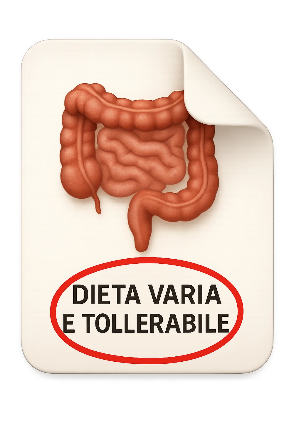 emoji stile iphone di un foglio con un INTESTINO disegnatO sopra e la scritta "DIETA VARIA E TOLLERABILE" CERCHIATA IN ROSSO, iperrealistico 4k, isolato su sfondo bianco emoji