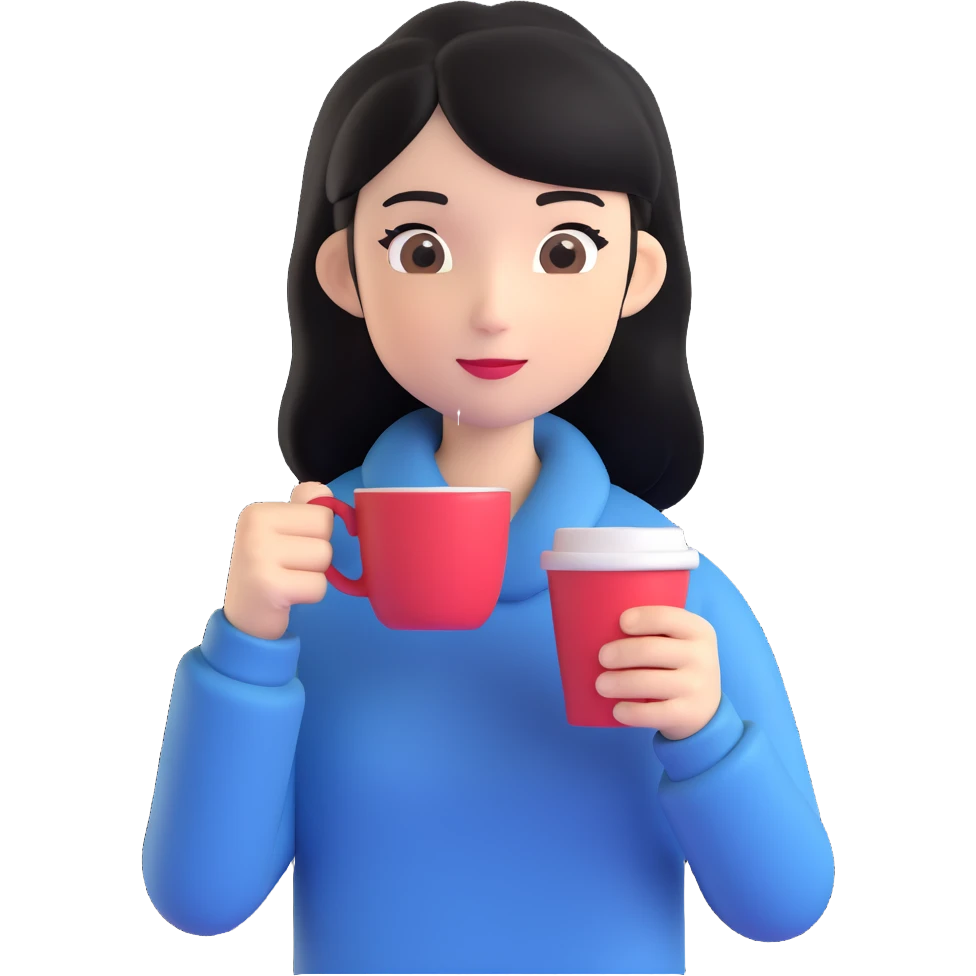 black-haired girl holding a coffee cup, emoji style emoji