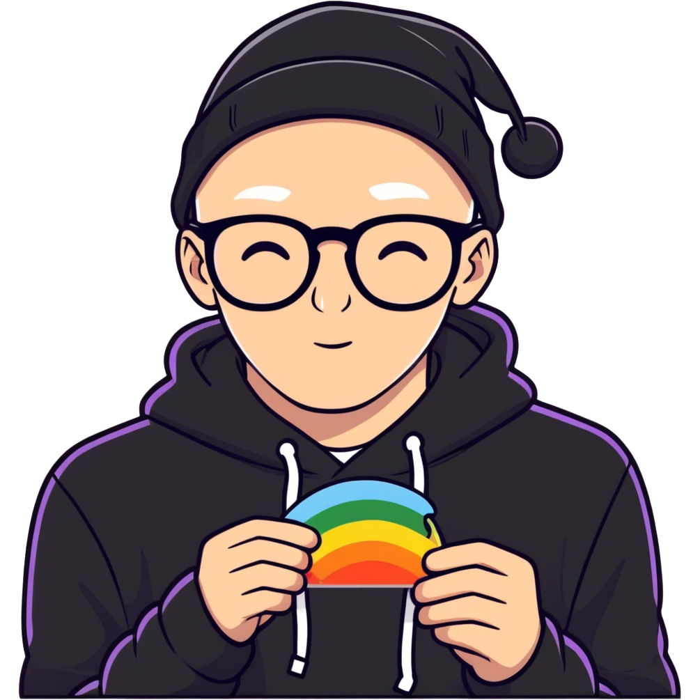 bald white guy with glasses, wearing a black beanie, black hoodie, tasting the rainbow emoji