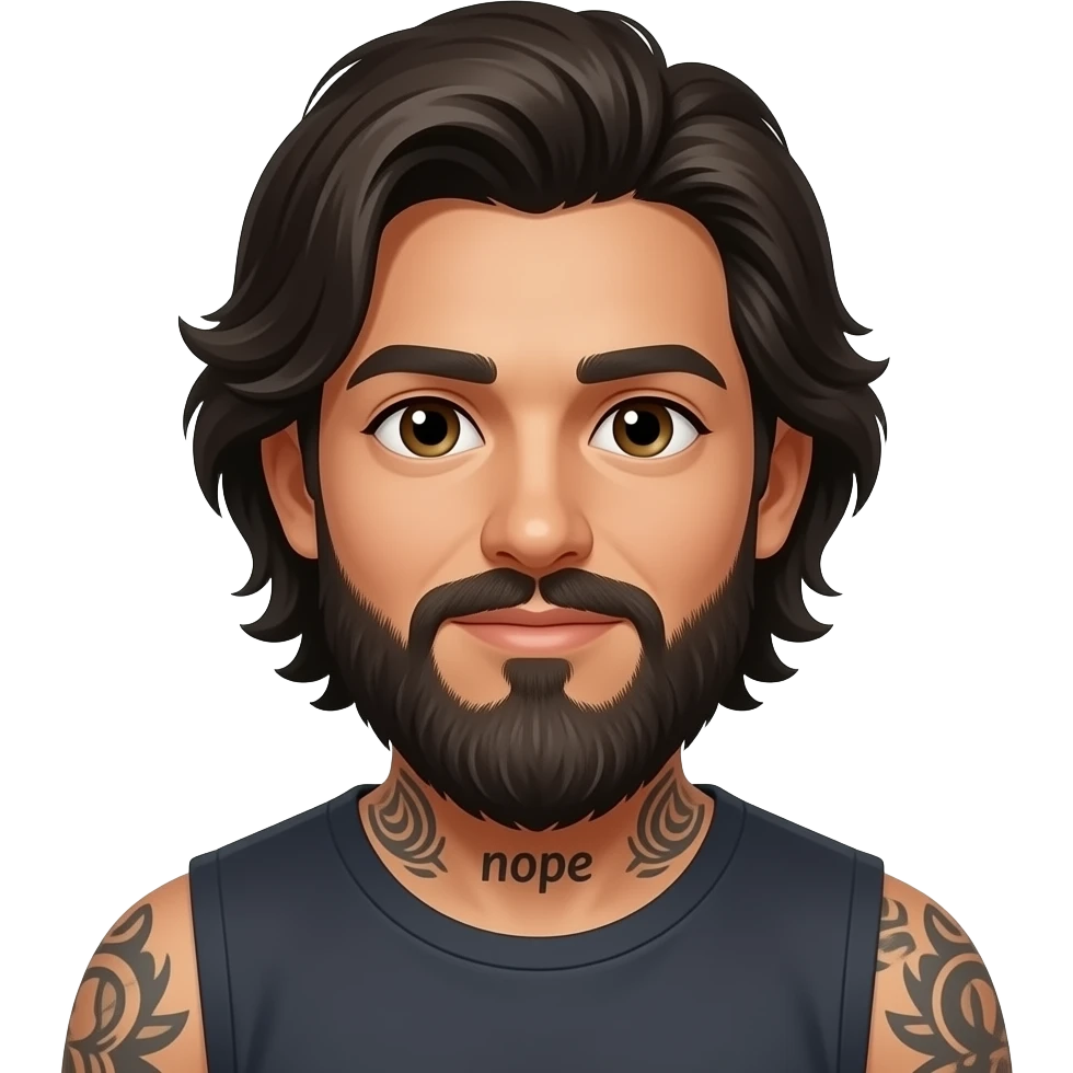 Kawaii style Handsome Latino, man with medium length hair and tattoos with a long beard saying nope emoji