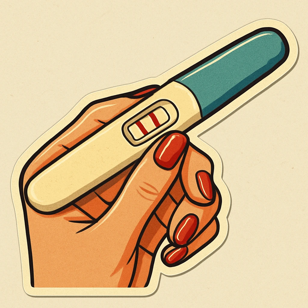 Positive pregnancy test with two lines, held in a neat feminine hand with manicure, pen style as in the second previous variant, retro stickers style, test slightly longer, soft rounded shapes, expressive contours, vintage color palette, light paper texture, shadows and highlights, transparent background. emoji