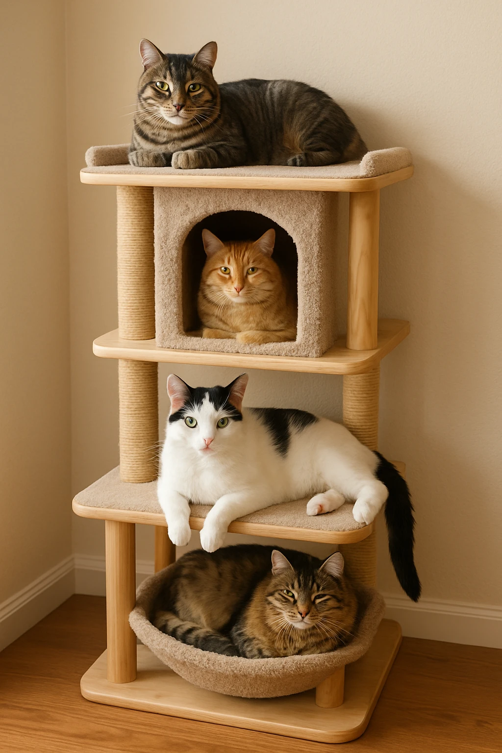 cats relaxing in a vertical playhouse emoji