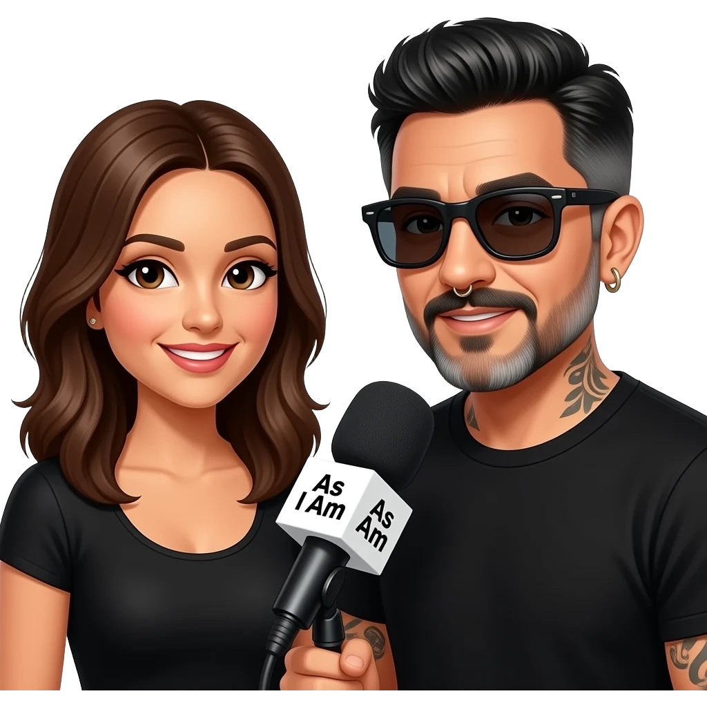 A podcast host, a handsome Latino man with medium hair, a graying beard, tattoos, hoops in his nose and ear, all in black with sunglasses, interviews a woman in front of a microphone with a logo reading "As I Am." emoji