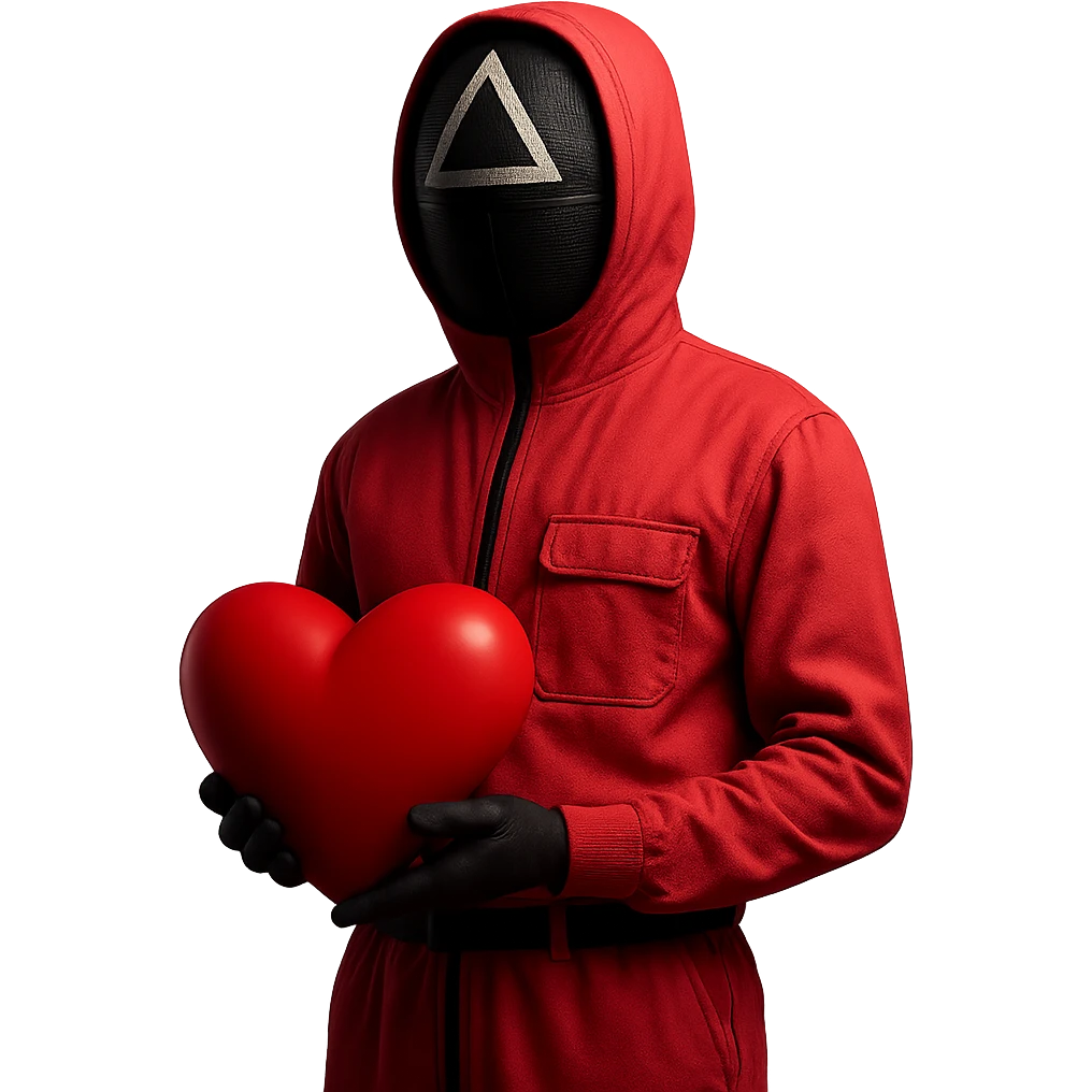 Edit the masked guard from Squid Game series wearing a pink jumpsuit, holding a large red heart instead of a weapon. Keep the minimal background and dramatic lighting. Maintain the original style but remove the background entirely. emoji