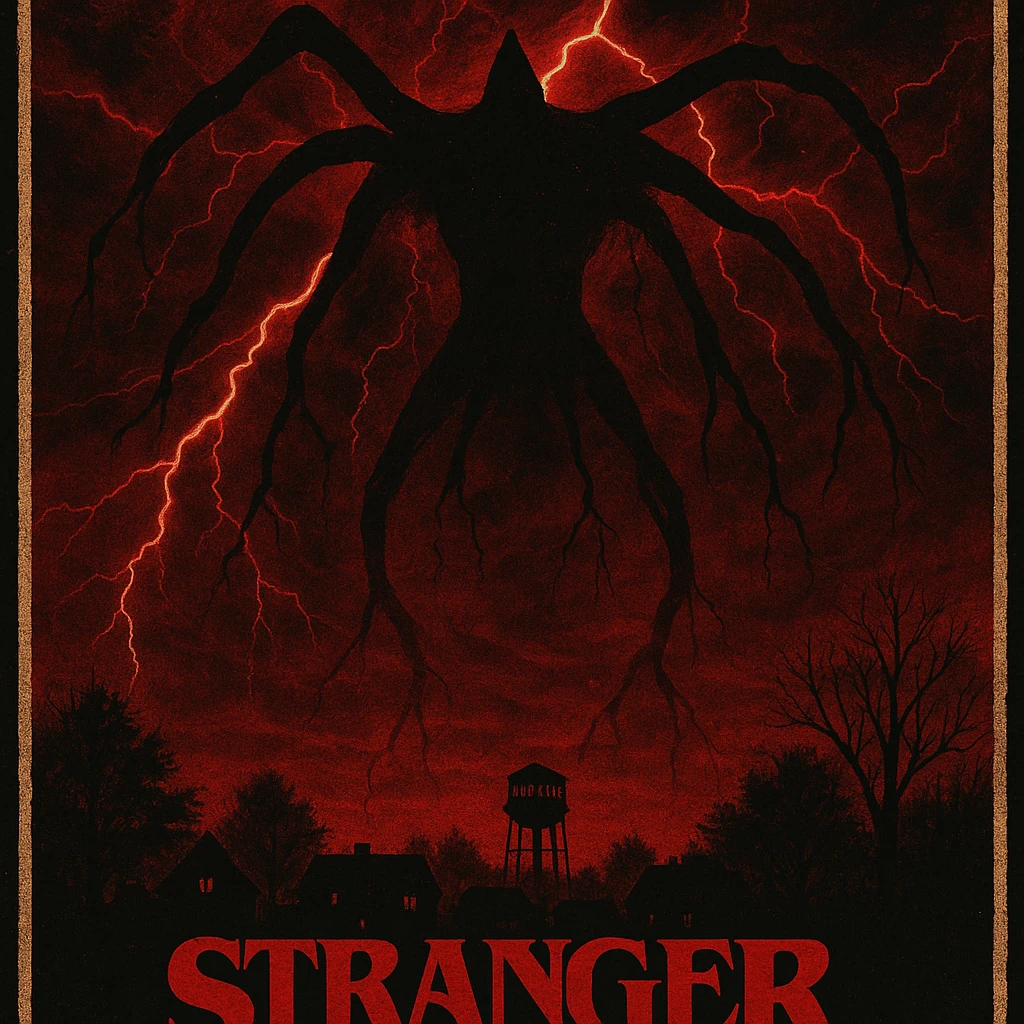 Stranger Things series horror poster style, the Mind Flayer looming over Hawkins with red lightning, dark and eerie atmosphere emoji