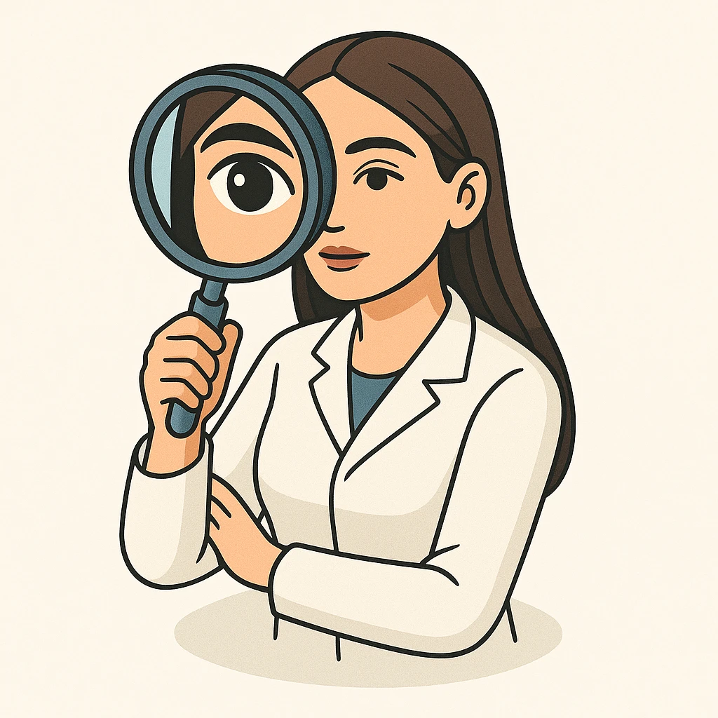 Edit the image of a female doctor with dark long straight hair and detailed brown eyes (not just dots). She wears a white coat. The style is 2D isometric with a minimalist background. She looks straight at the camera through a magnifying glass, with one eye enlarged and distorted like a fisheye lens. emoji