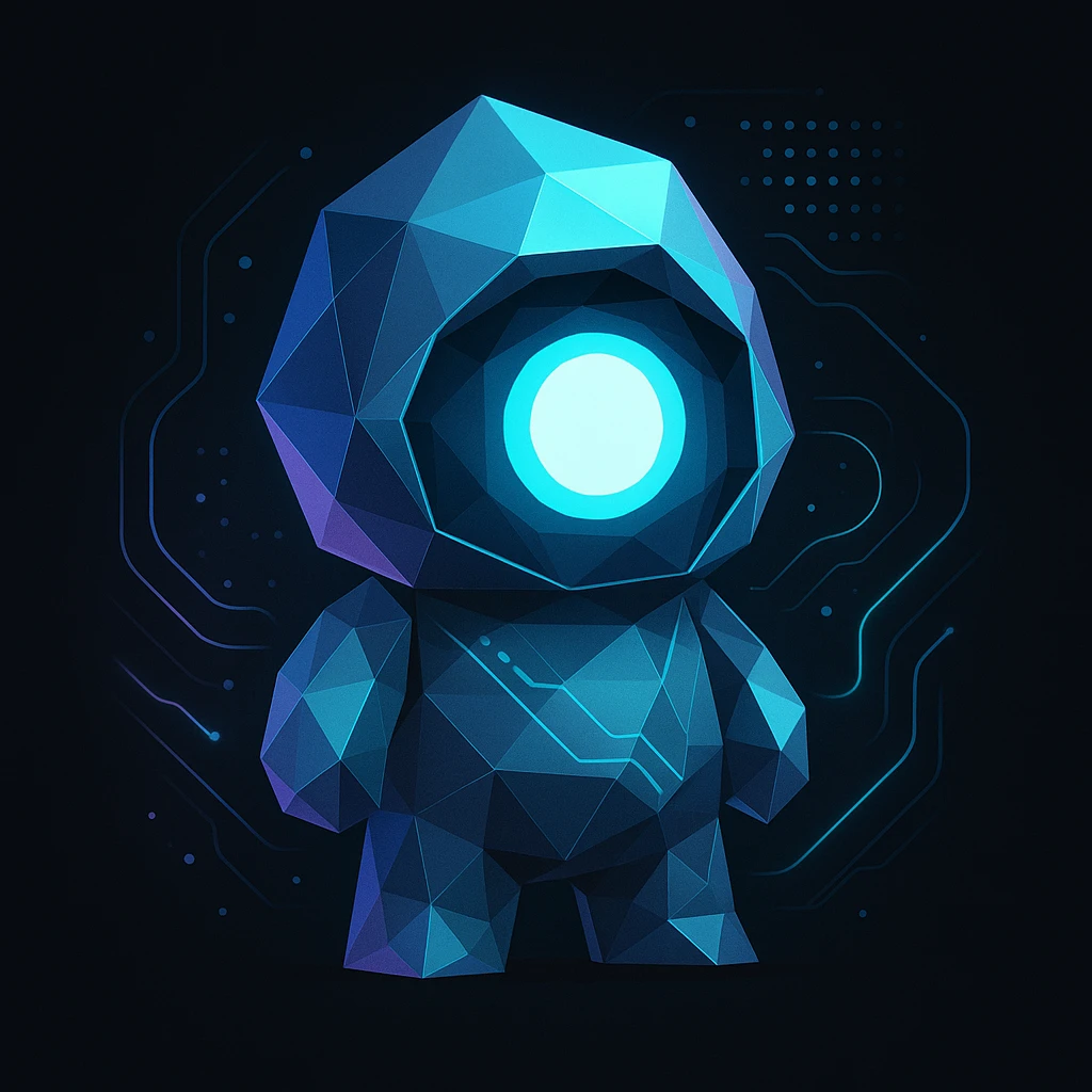 minimal abstract mascot with a single glowing eye, polygonal shapes and subtle holographic highlights, futuristic tech details like digital dots and flowing neon lines, neon blue cyan and purple palette on black, creative tech portfolio emoji
