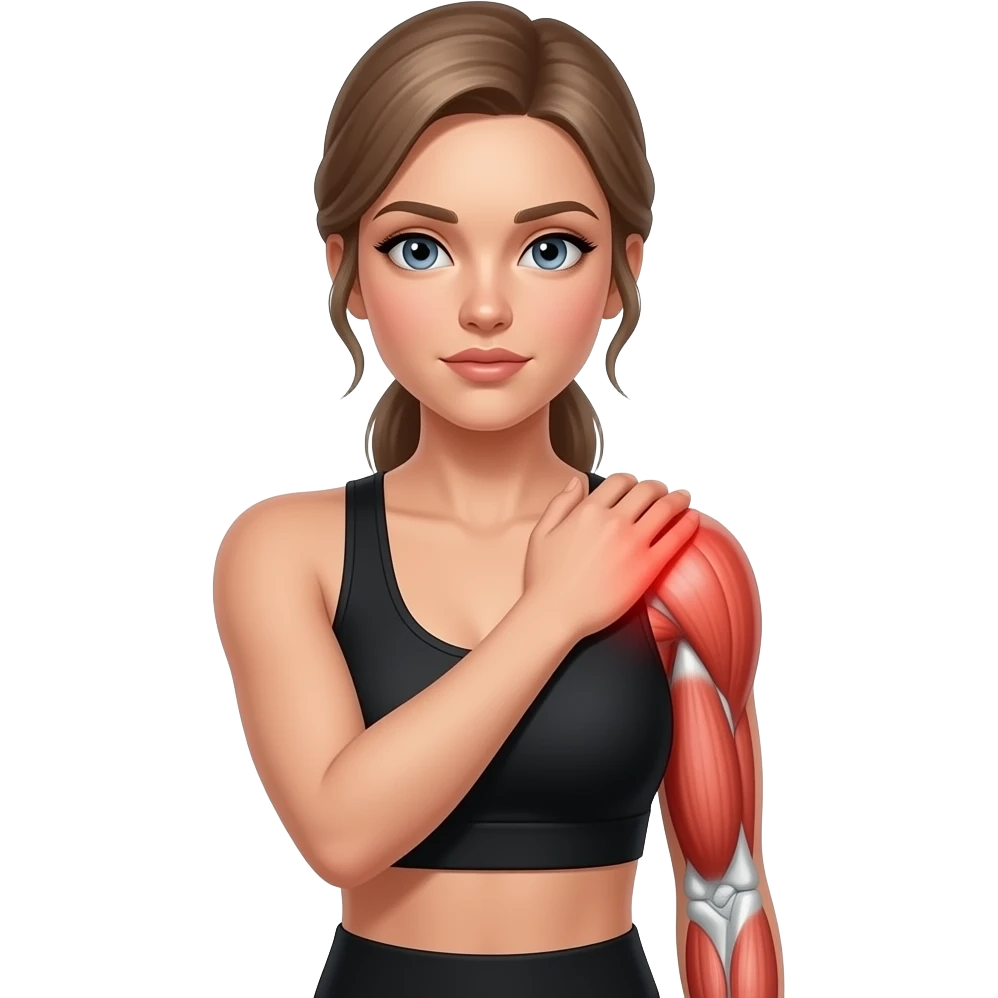 shoulder pain, anatomical highlight of both shoulder joints and deltoid muscles, full red glow over both shoulders, woman holding one shoulder, fair-skinned woman, gray-blue eyes, ash brown brows, ash light brown hair tied back, slim athletic body, black workout set emoji