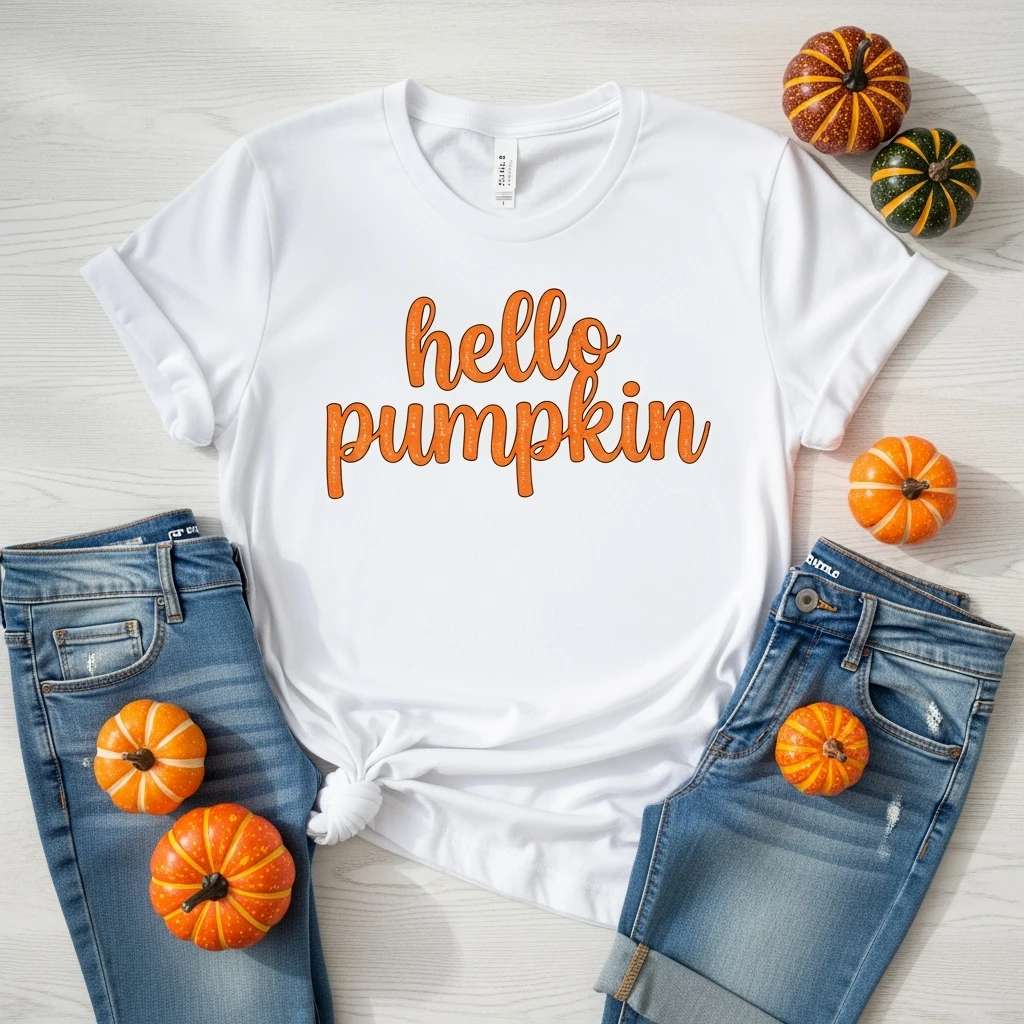 t shirt with print "hello pumpkin" emoji
