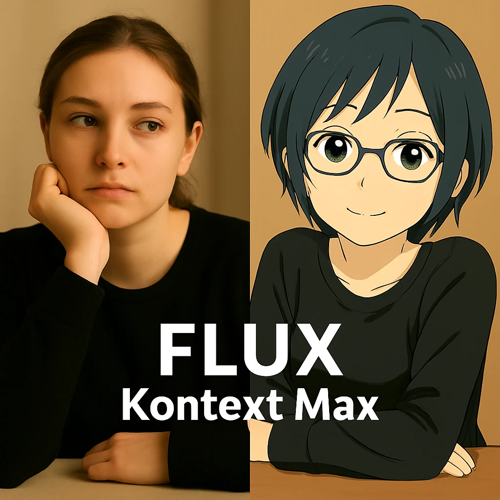 same similar image but chnage the text to "Flux Kontext Max", change people and pose too emoji