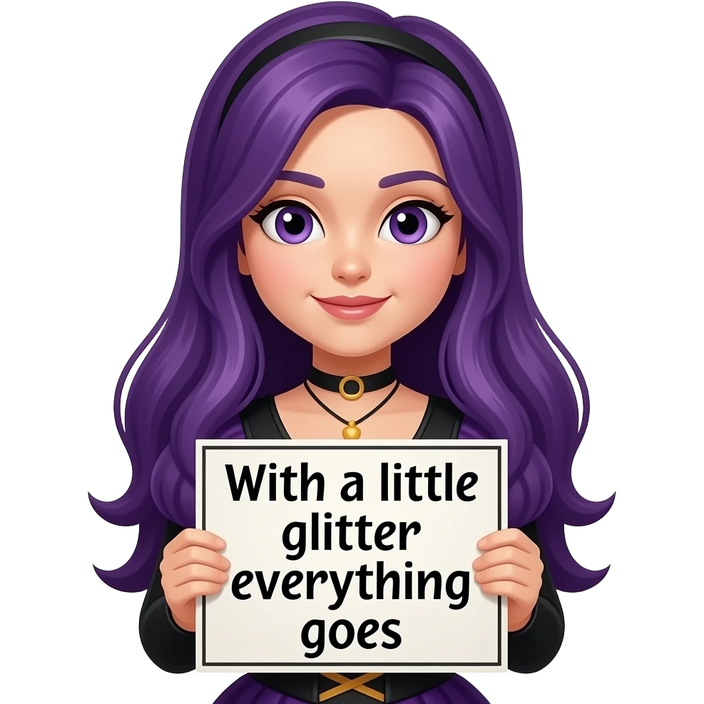 girl with long purple hair wearing a halloween costume holding a MIT EIN BISSCHEN GLITZER GEHT ALLES sign emoji