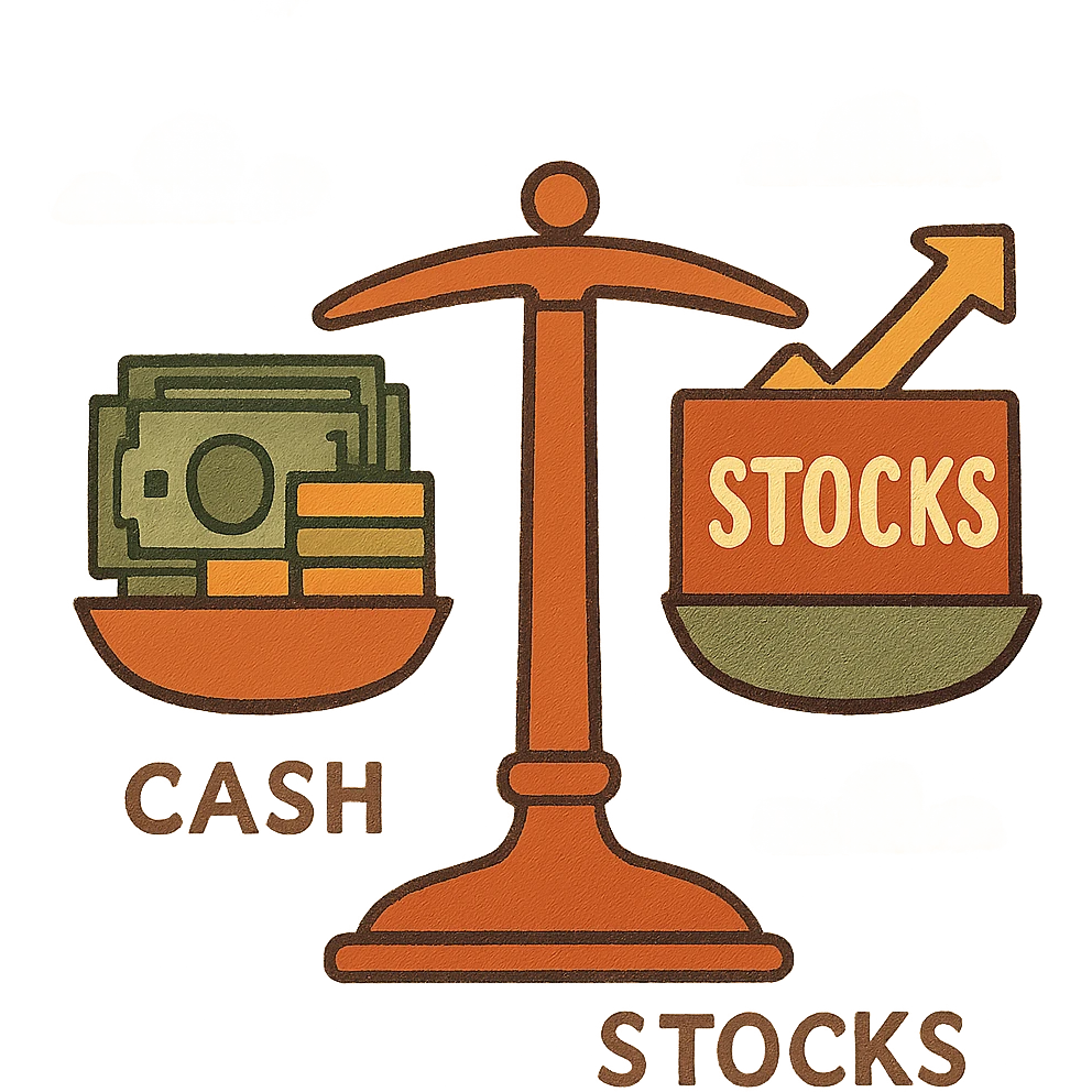 digital balance scale with cash and stocks balanced, flat modern style, bright saturated colors golds greens reds, minimal but expressive, universal look emoji