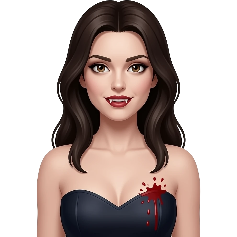 Faça uma mulher igual a katherine Pierce em forma vampira com um top reto sem a costura da blusamarcando um pouco dos seios com sangue respingado perto deles e com cabelo longo 3 as presas aparentes emoji