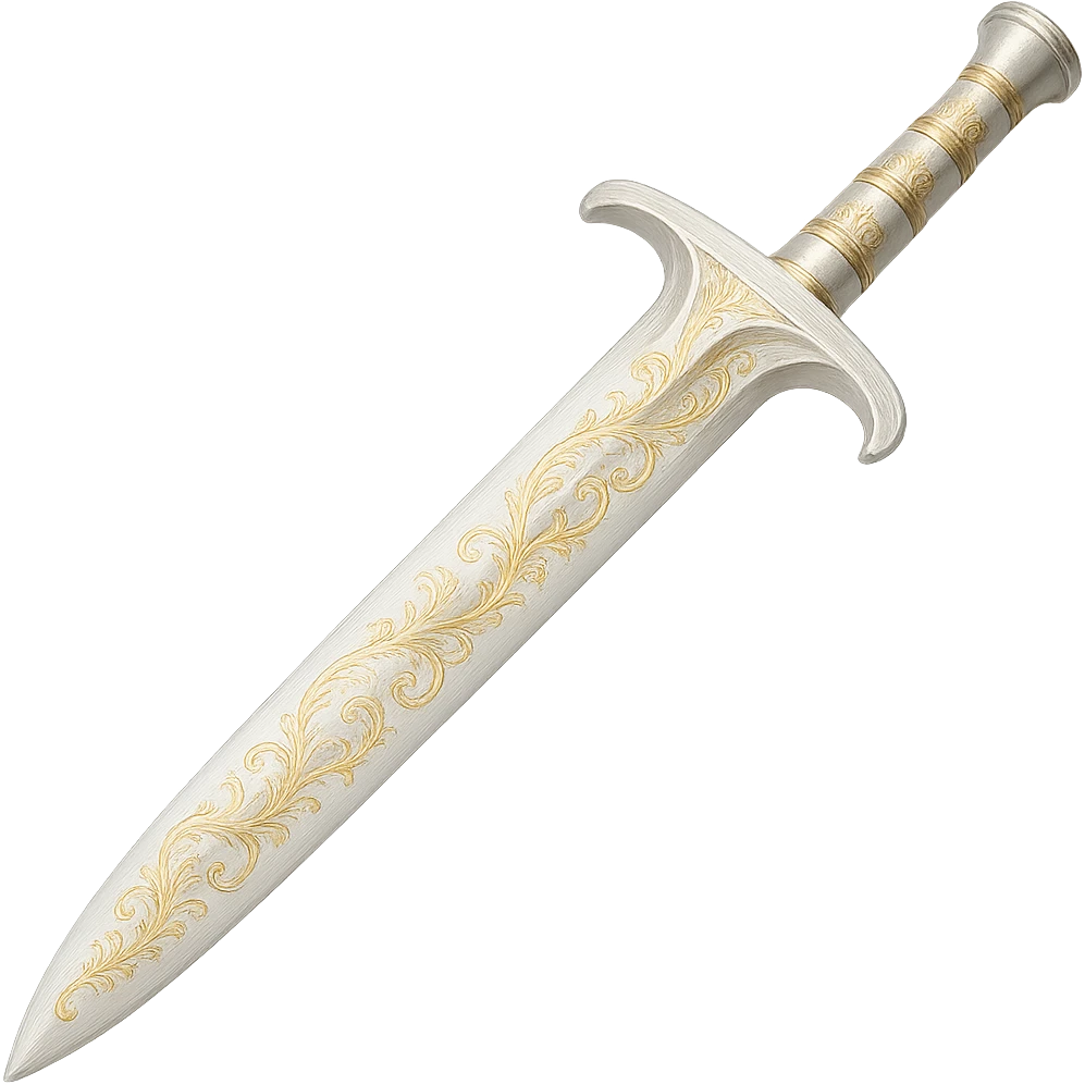 Recolor this weapon to a very light metallic silver color with subtle, elegant gold engravings, matching the gold tone and style of the provided silver shield reference. The gold should be soft and not too yellow or green. Transparent background. emoji