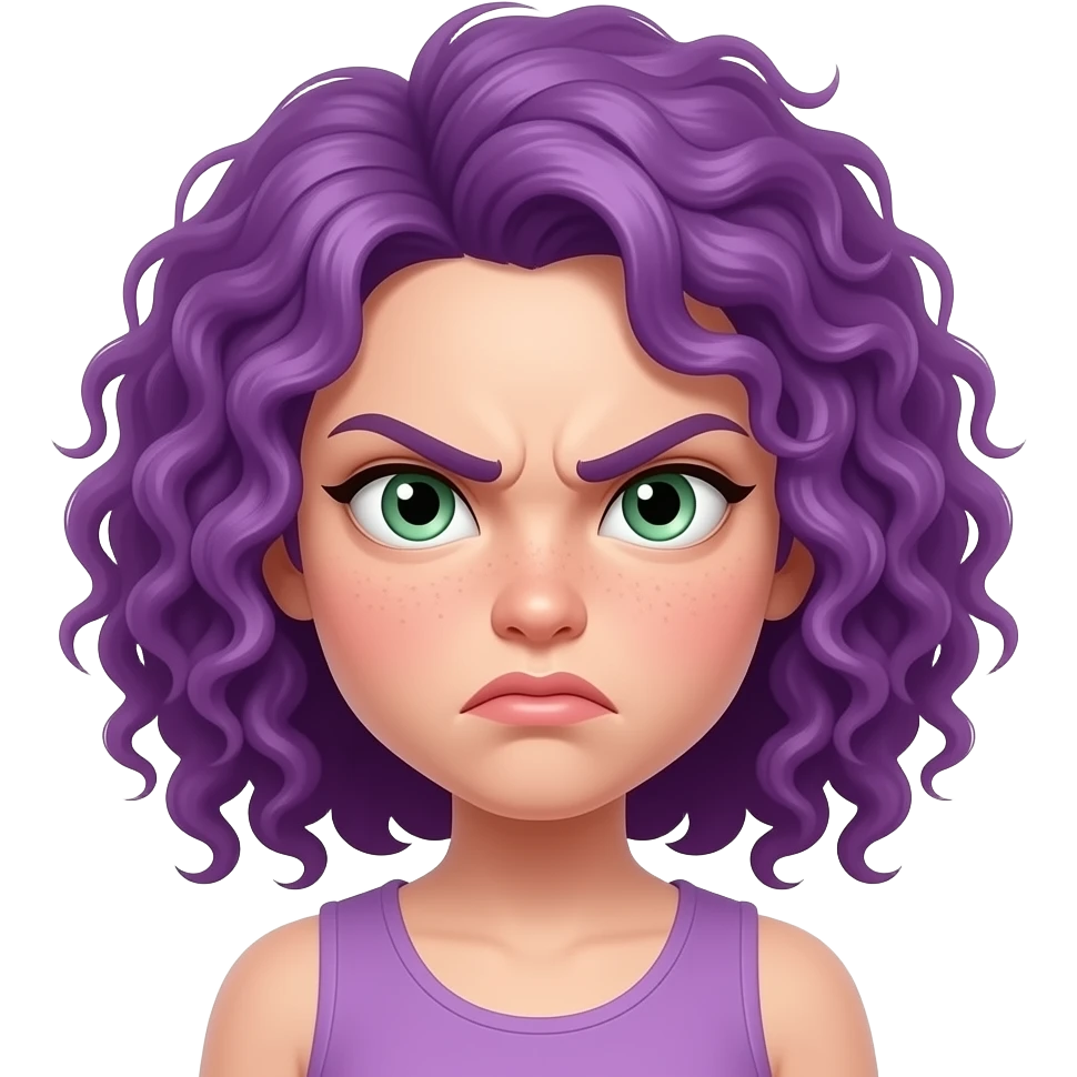 white girl with curly purple hair and green eyes angry emoji