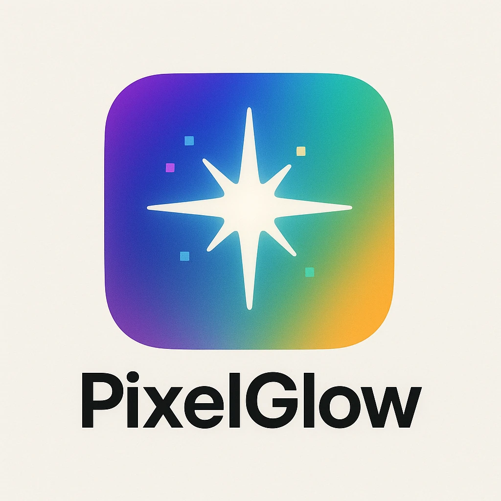 Futuristic logo for PixelGlow: rounded square with a radiant aurora gradient (purple, blue, cyan, green, orange). Centered custom 8-point starburst sparkle, bold and minimal, with soft glow and subtle shadow for depth. Playful, creative, tech-inspired, with tiny pixel hints. White or off-white background for contrast. emoji