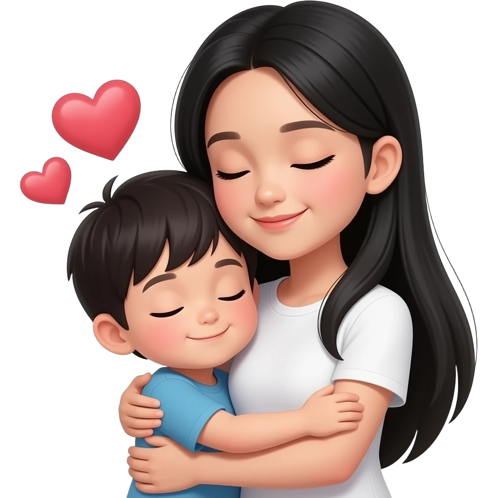 Asian girl long black hair hearts hugging small boy emoji