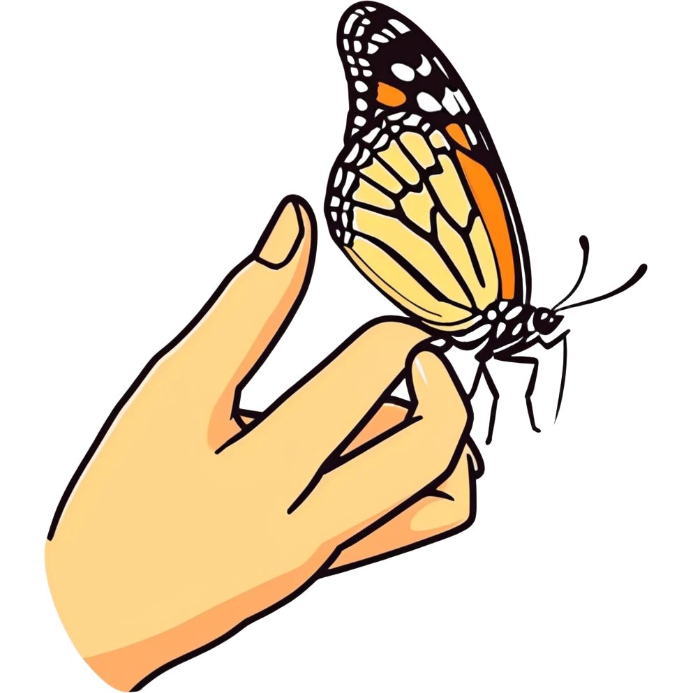 Monarch butterfly on top of a finger emoji