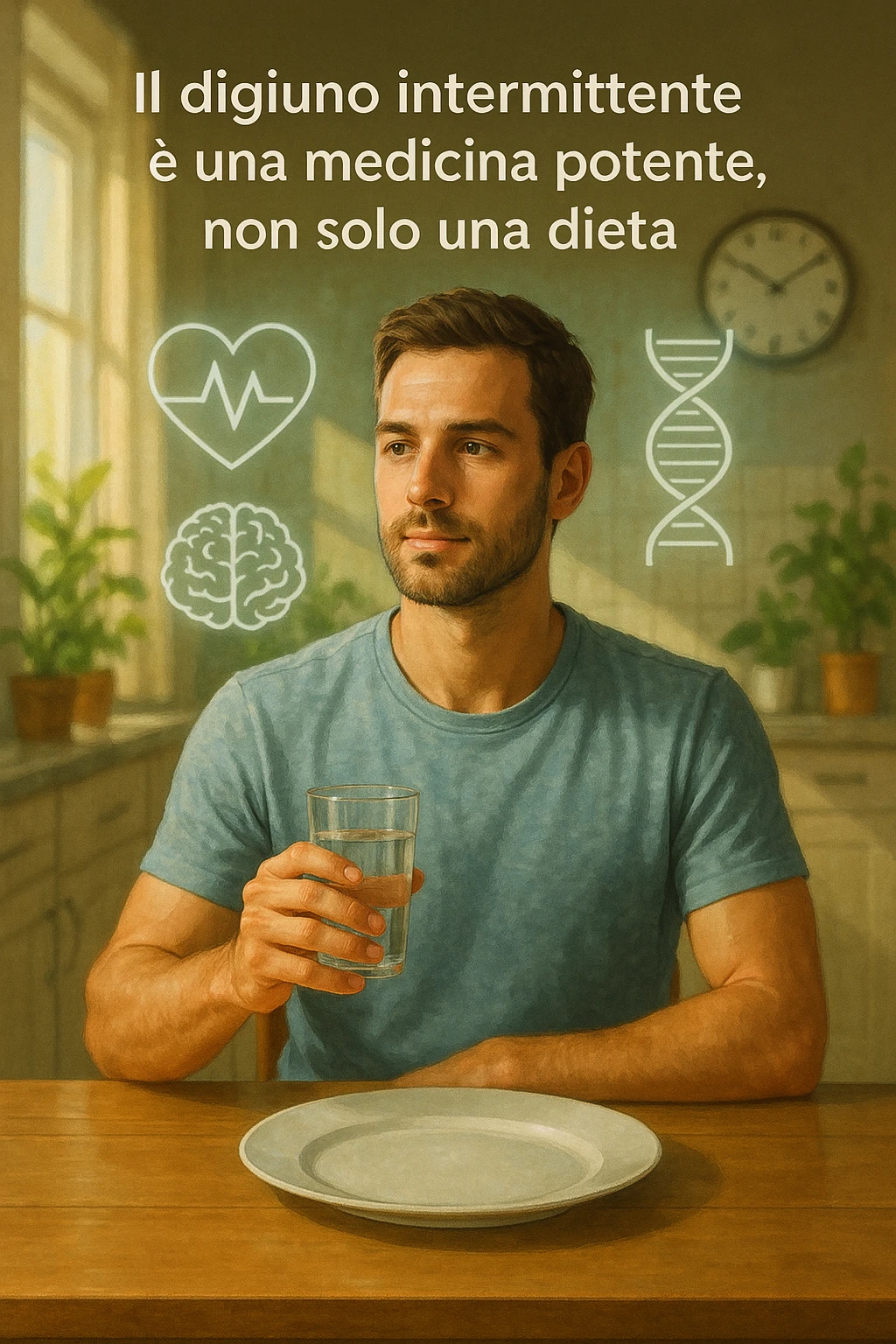 A realistic, cinematic illustration of a healthy, calm man in his early 30s sitting in a bright kitchen in the morning, with an empty plate in front of him and a glass of water in his hand, looking serene and focused. Behind him, the background shows subtle symbols of health: green plants, sunlight streaming in, and a blurred wall clock showing 10:00, symbolizing the fasting window. Above the man, a translucent overlay of medical icons (heart, brain, DNA strand) glows softly, illustrating that intermittent fasting acts as a powerful medicine, not merely a diet. The color palette is fresh and natural, emphasizing health, clarity, and focus. The style is realistic with slight cinematic tones, conveying that the man is using intermittent fasting as a tool for cellular regeneration, inflammation reduction, and health optimization rather than weight loss in italiano emoji