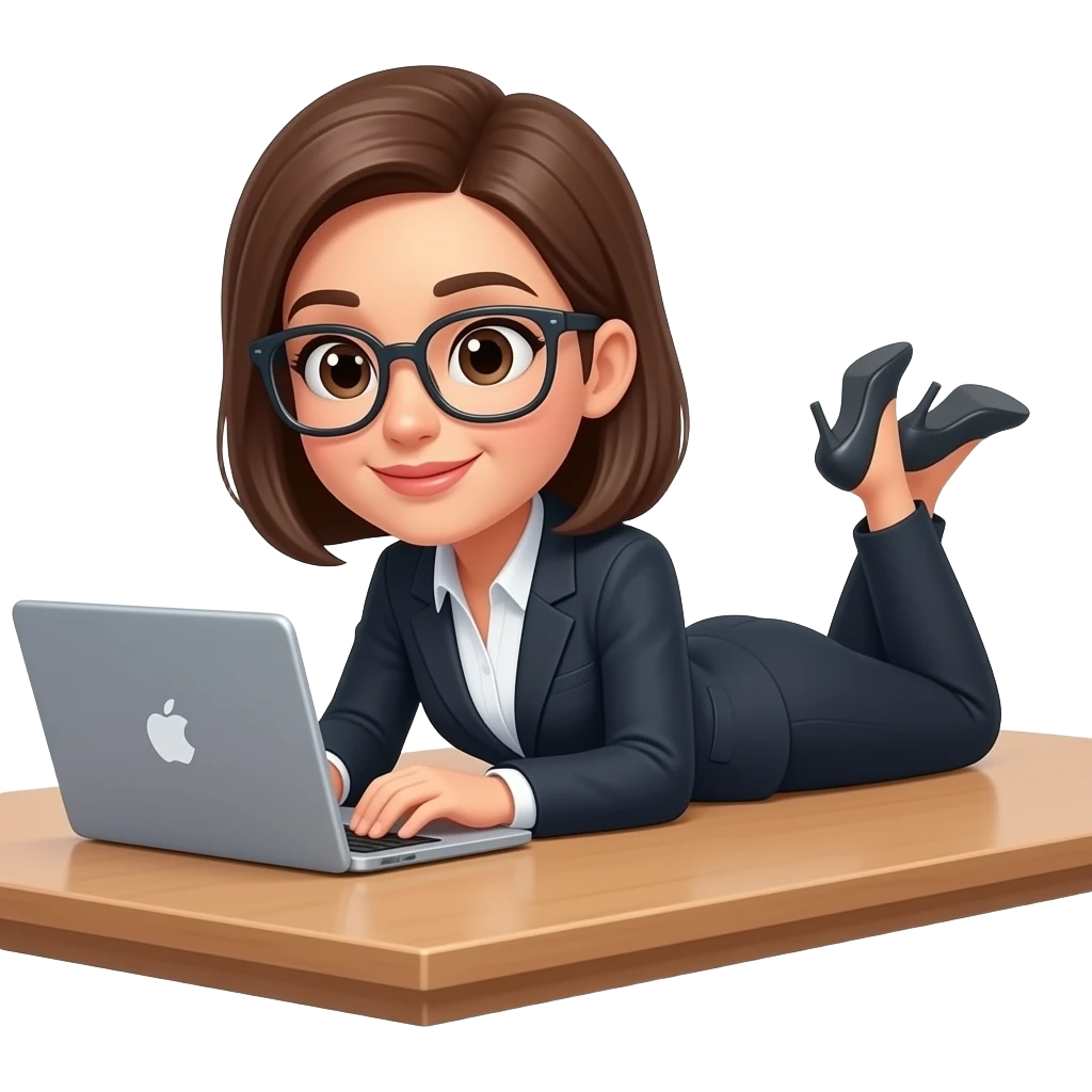Mujer profesional,con anteojos,usando laptop,acostada en su escritorio emoji