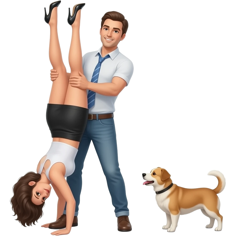 vrouw staat omgekeerd op hoge hakken met haar rug naar een man, kort rokje zijaanzicht, doggystyle emoji