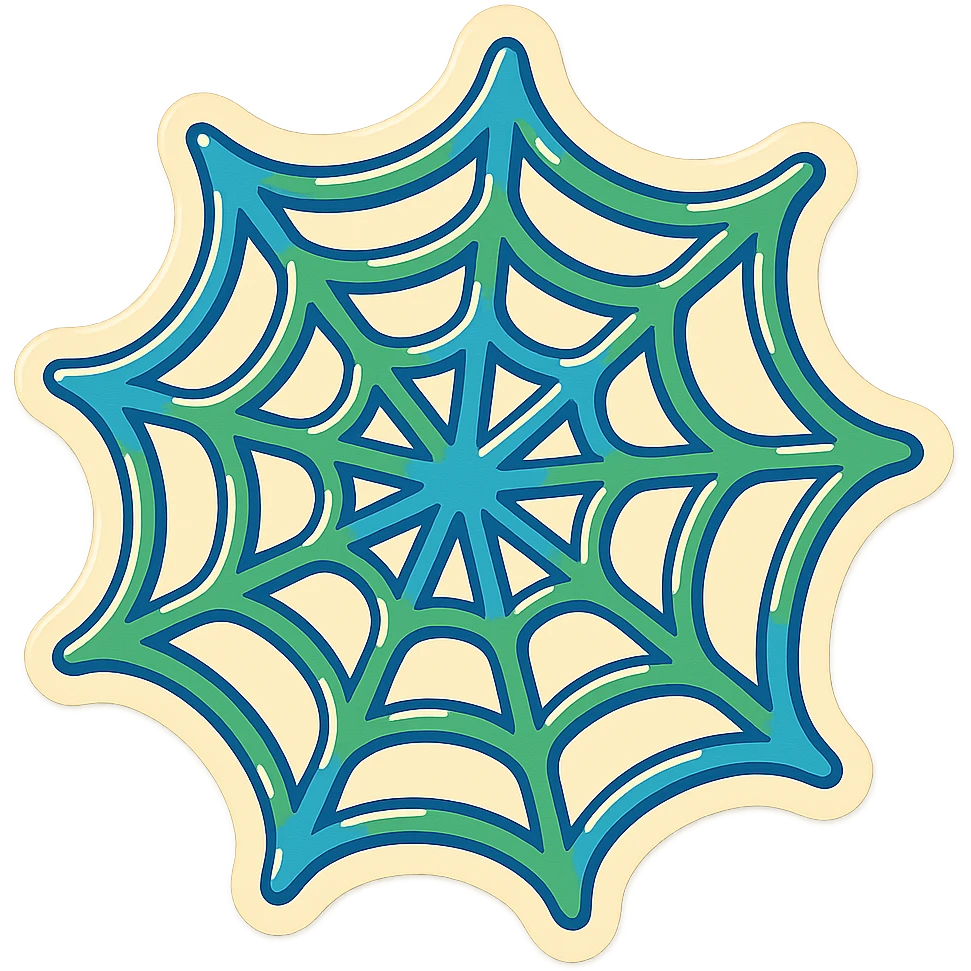 playful dimensional spider web with alternating blue and green outlines, no gradient, expressive shadows and highlights, transparent spaces between the web strands, clean and bold, no background fill emoji