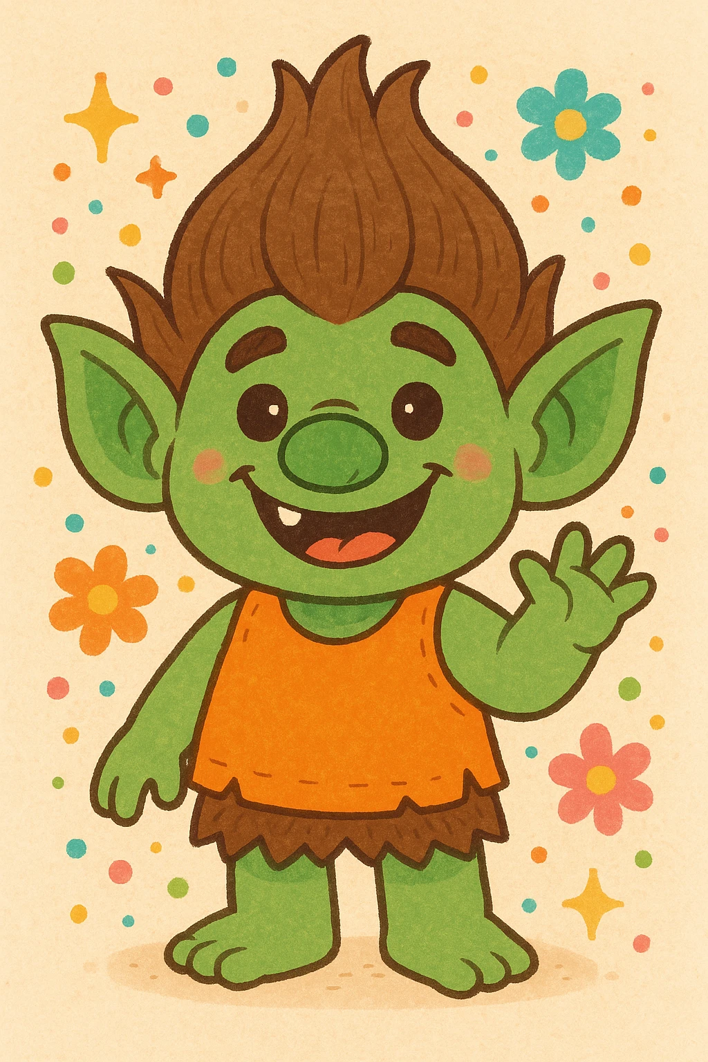 a cute cartoon troll with green skin and pointy ears, smiling emoji