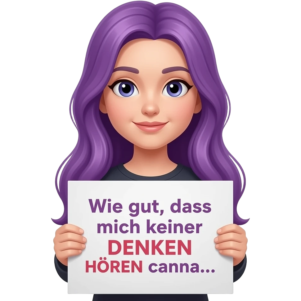 girl with long purple hair holding a Wie gut, dass mich keiner DENKEN HÖREN kann... sign emoji