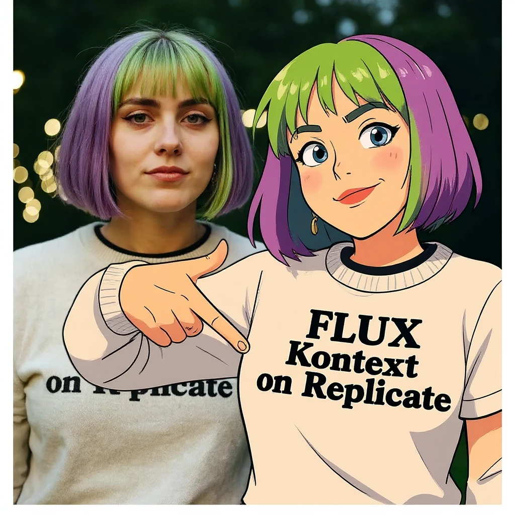 make a image of a girl with a anime version of that girl beside her wearing tshirt with text of FLUX Kontext emoji