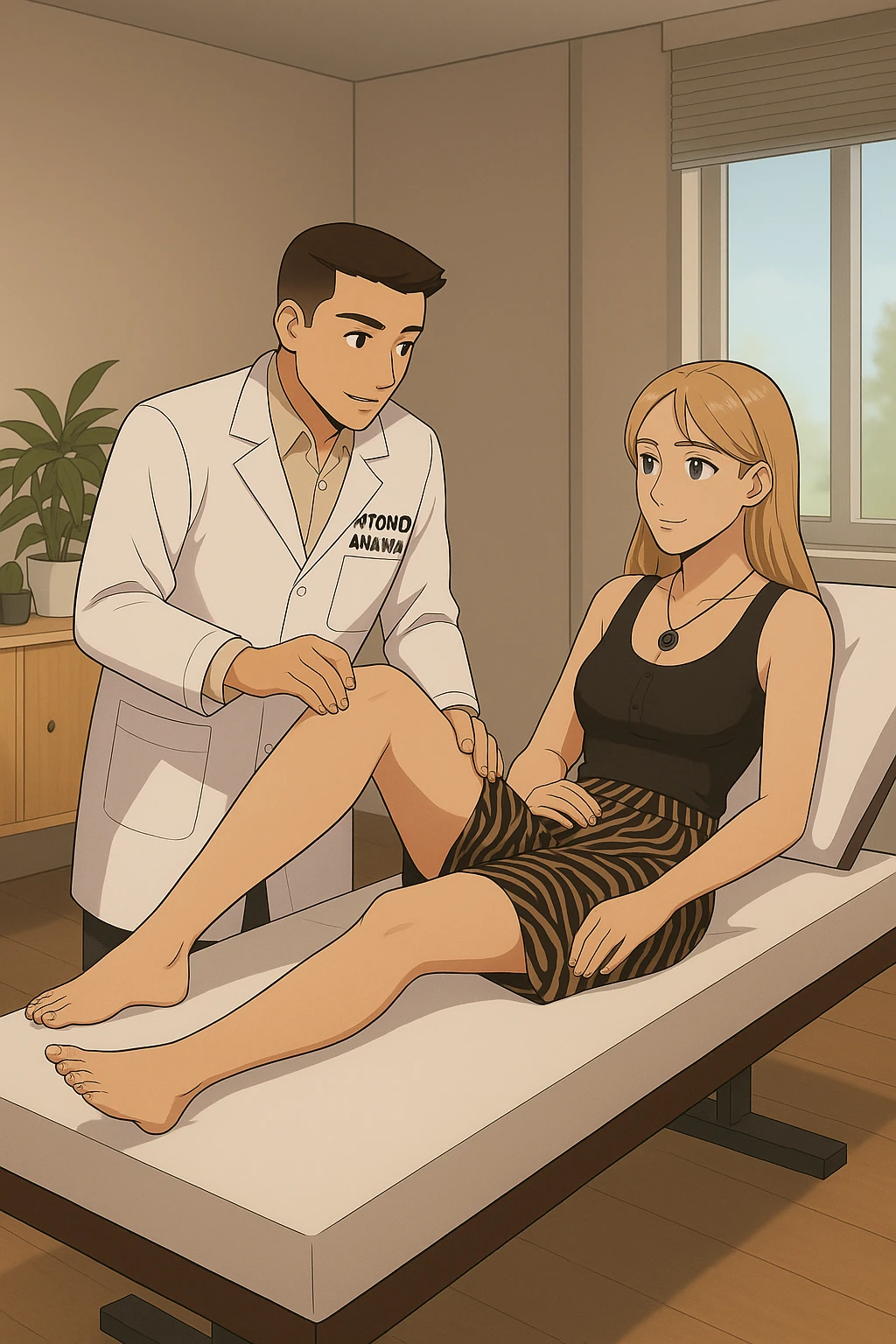 fai un webtoon/manga a colori con questo kinesiologo in camice bianco (fagli la scritta "ANTONIO ANANIA" SUL CAMICE) CHE SVOLGE UN TEST NEUROMUSCOLARE SOLLEVANDO UNA GAMBA ALLA RAGAZZA CHE è STESA SU UN LETTINO BIANCO. STANZA SEMPLICE E MODERNA, DURANTE IL TEST I DUE DIALOGANO TRA LORO. NON FARE I FUMETTI, FAI SOLO LORO COME SE DIALOGASSERO emoji