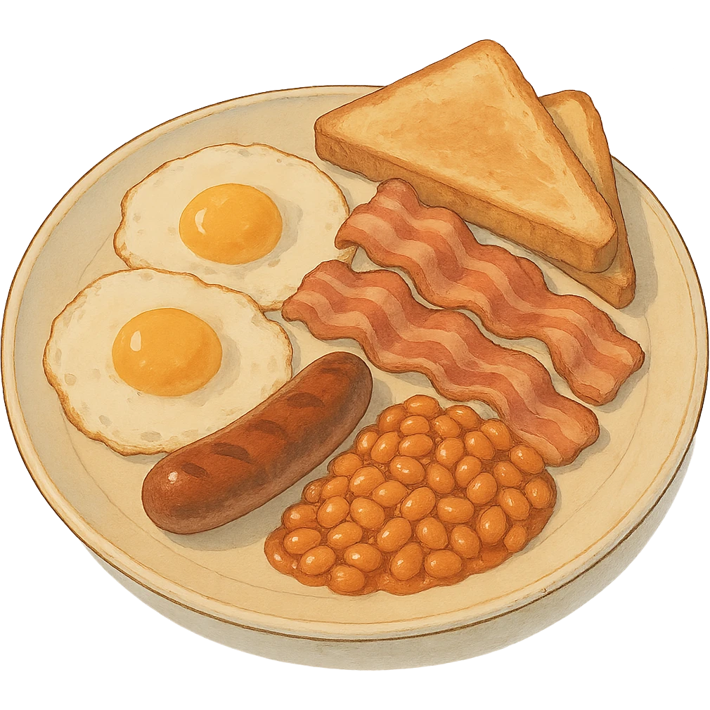 a plate of English breakfast with eggs, bacon, sausage, beans, and toast emoji