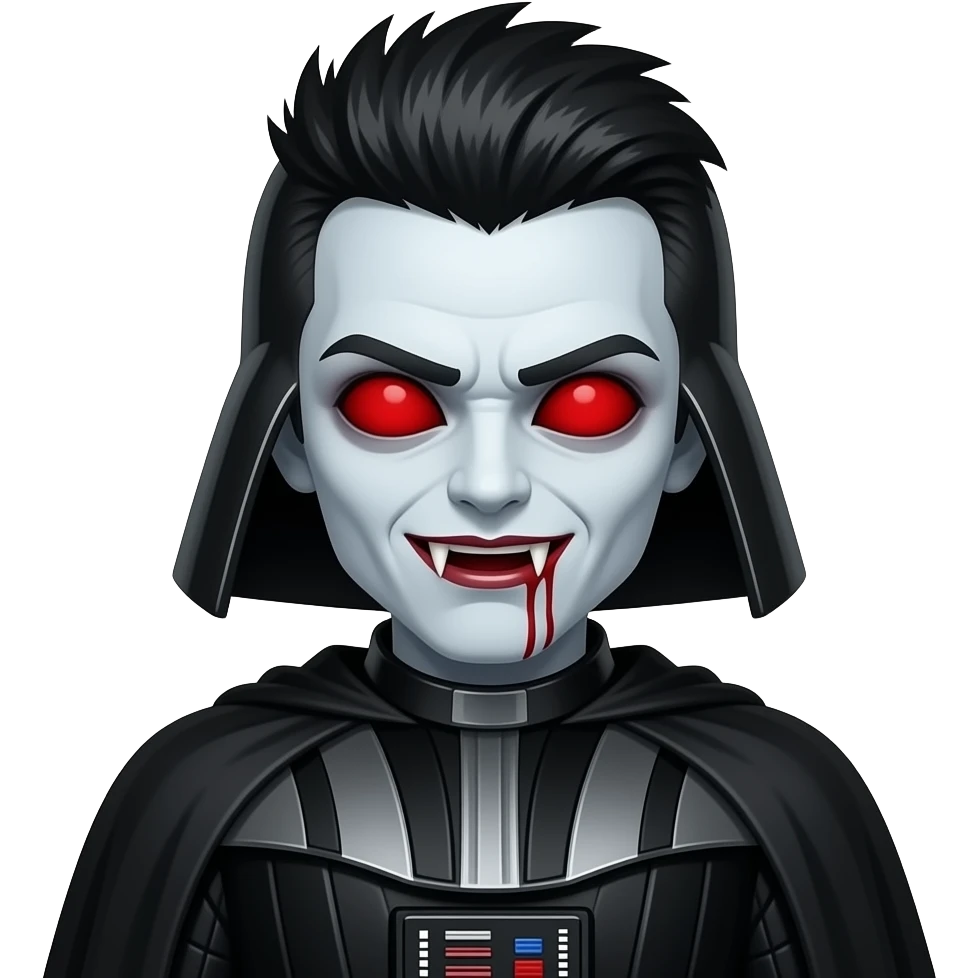 create a picture of a white pale vampire with full red sclera with no pupil and long fangs and bloody mouth and very short black hair with an edgy punk haircut and darth vader outfit without his mask, the clothes only emoji