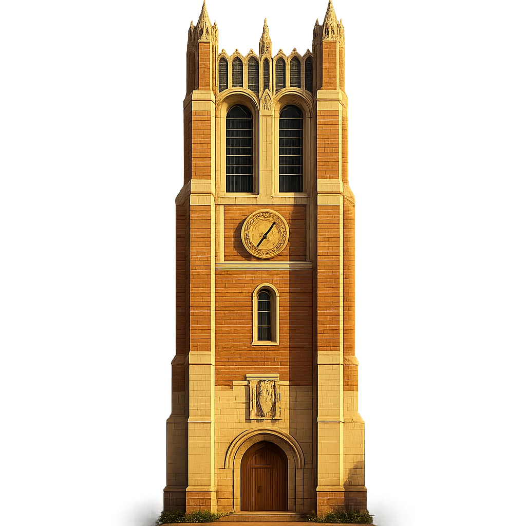 cinematic, realistic emoji of Beaumont Tower at Michigan State University in East Lansing, Michigan, straight-on perspective, featuring its iconic Collegiate Gothic bell tower architecture, lifelike detail, bright regal lighting as on a sunny day, accurate building colors, transparent background, ensure it is the correct Beaumont Tower at MSU emoji