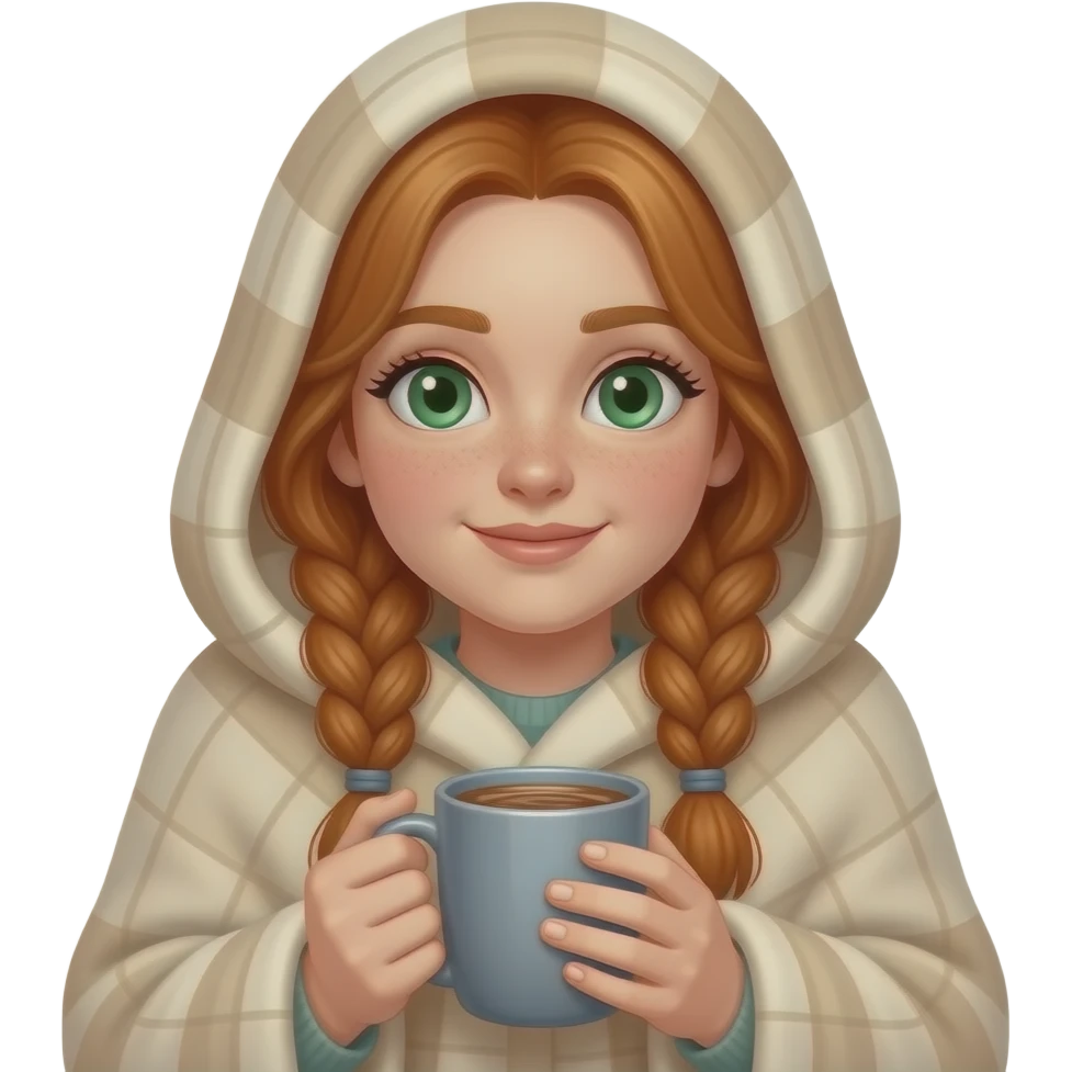 emojis.com a-redhead-girl-with-long-braided-hair,-green-eyes, wrapped head to toe in a blanket with a gray a-cup-of-hot cocoa. emoji