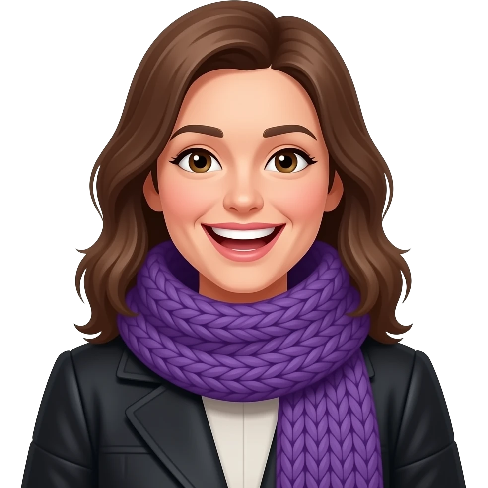 english winter woman with big purple knit scarves on neck black jacket laughing emoji