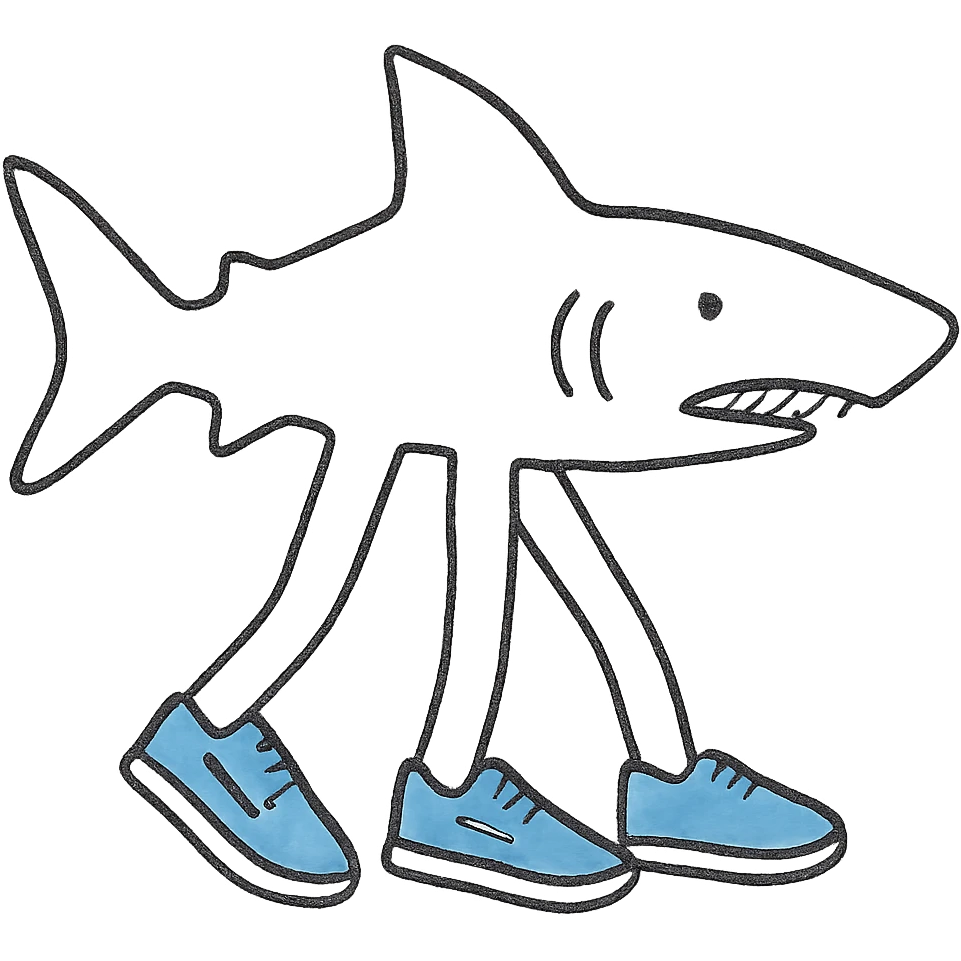 Haz que las zapatillas sean azules, mantén el estilo icono minimalista, fondo transparente, el tiburón sigue con tres patas y el logo Nike blanco en las zapatillas. emoji